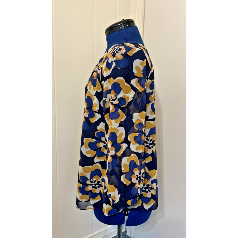 Cabi Lydia Sheer Chiffon 3/4 Sleeve Blouse Top Medium Blue Yellow Floral Office - Picture 3 of 12